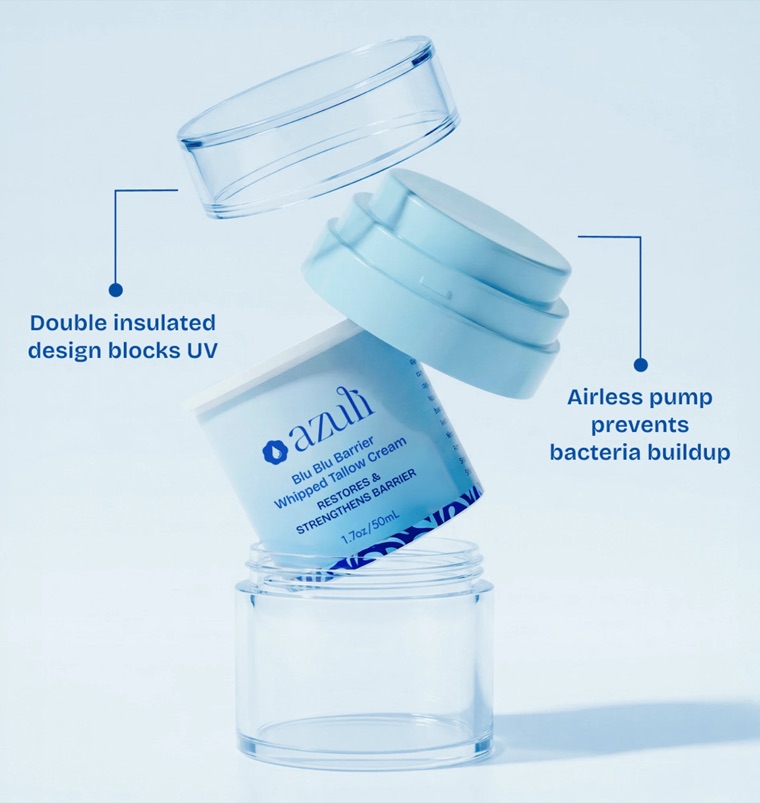 Exploded view of the jar: clear outer cap, airless pump, inner jar and clear outer jar, with callouts for the airless pump and the double-insulated design