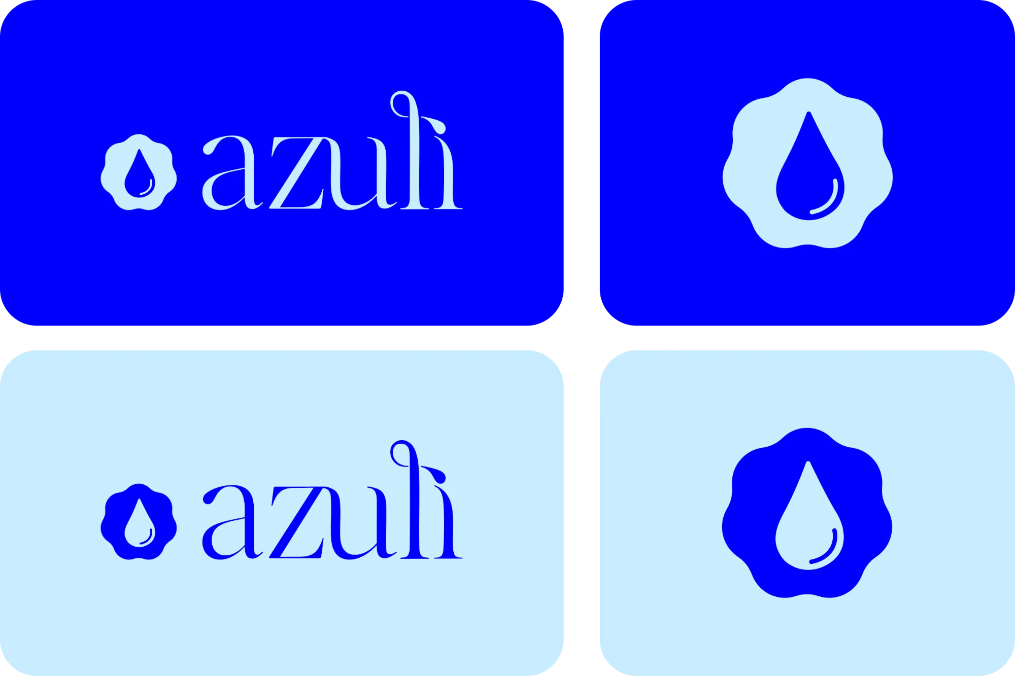 Azuli logo lockups: water-drop mark and lowercase wordmark, in dark and light mode