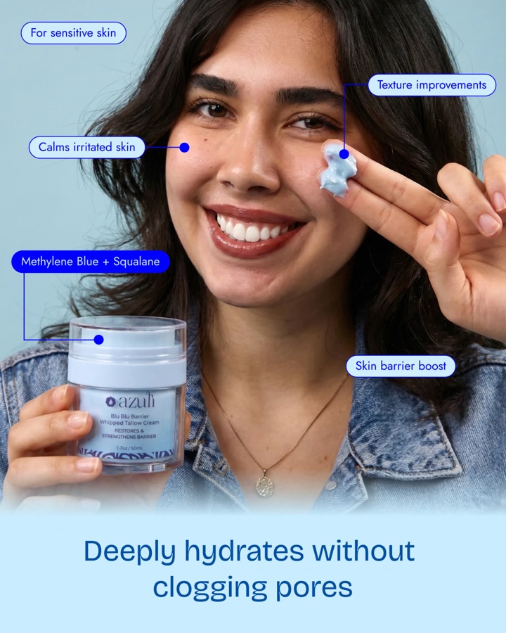 A model dabbing the cream on her cheek, labeled for sensitive skin, calms irritated skin, texture improvements and skin barrier boost: deeply hydrates without clogging pores